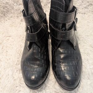 Women's Black Croc-Embossed Buckle Ankle Booties